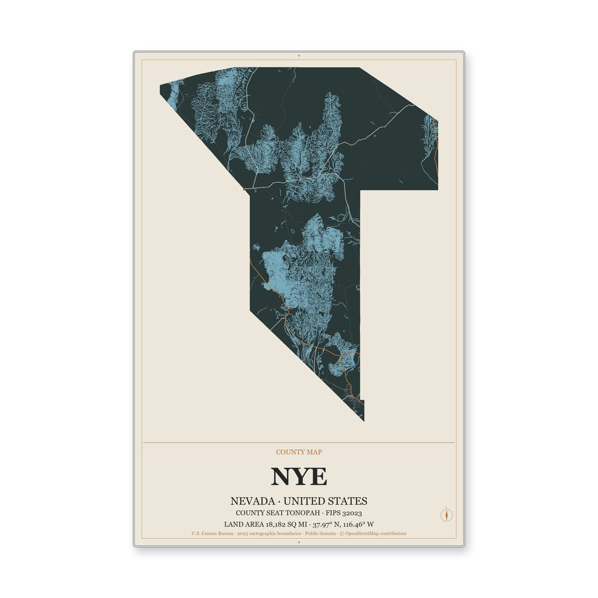 Nye County, Nevada Map Aluminum Sign in Headline Atlas style