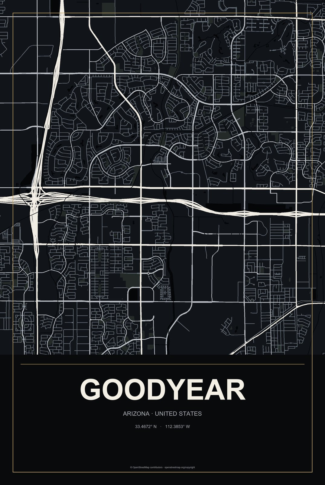 Goodyear, Arizona City Map Aluminum Sign in Metropolitan Noir style