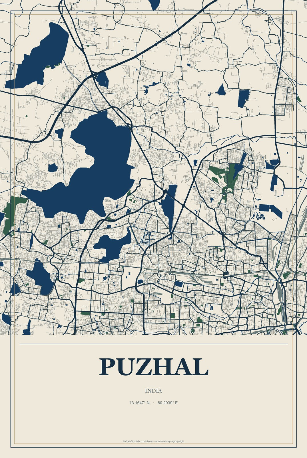 Puzhal, India City Map Aluminum Sign in Coastal Cutout style