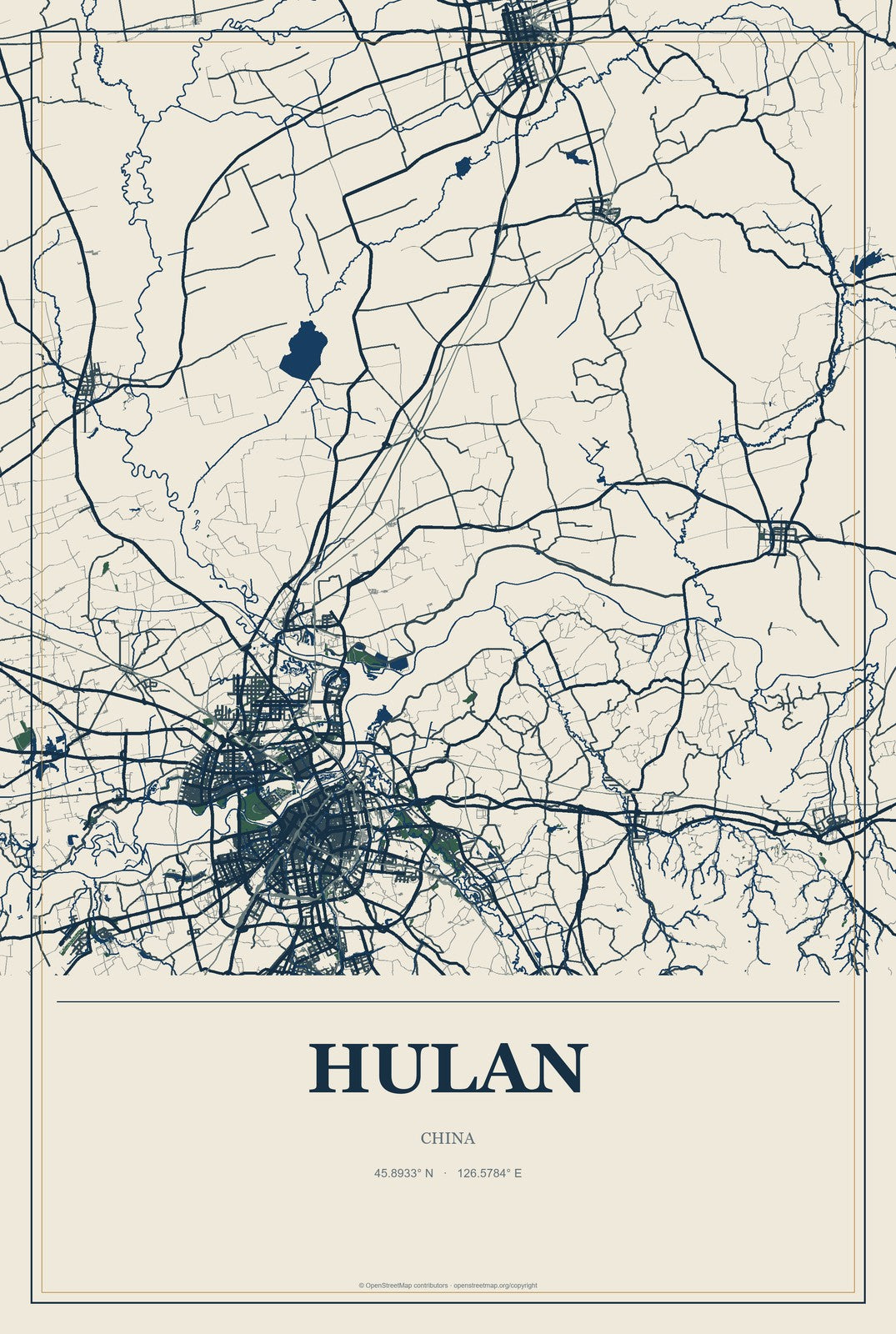 Hulan, China City Map Aluminum Sign in Coastal Cutout style