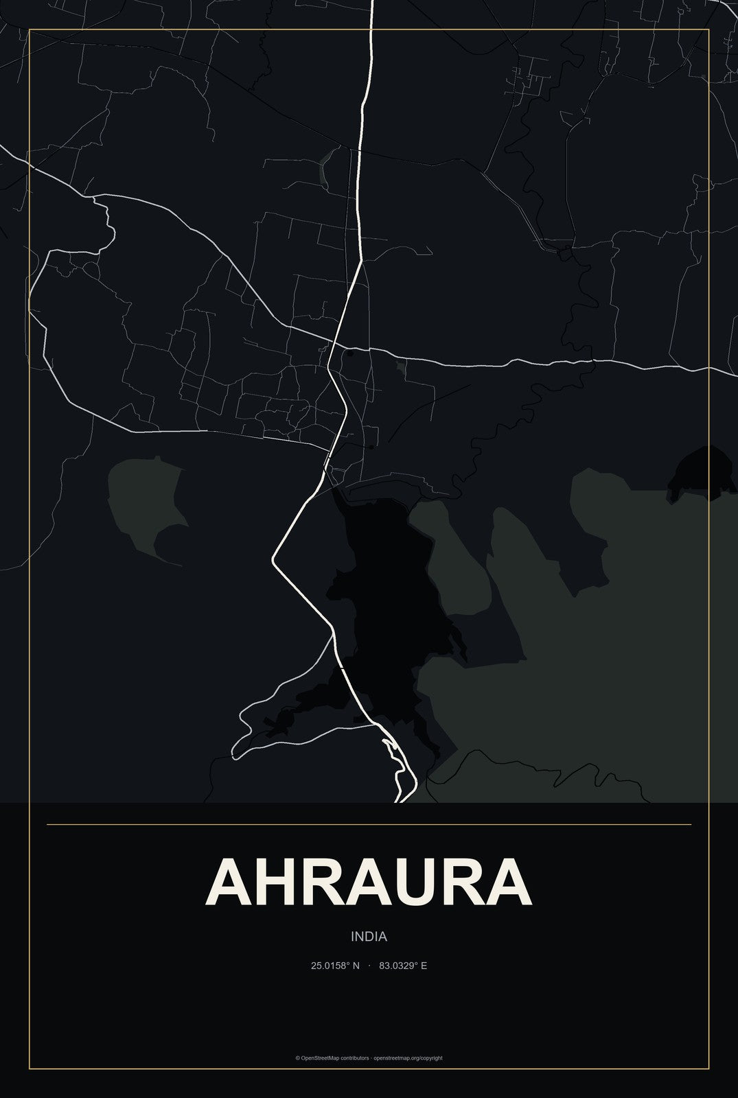 Ahraura, India City Map Aluminum Sign in Metropolitan Noir style
