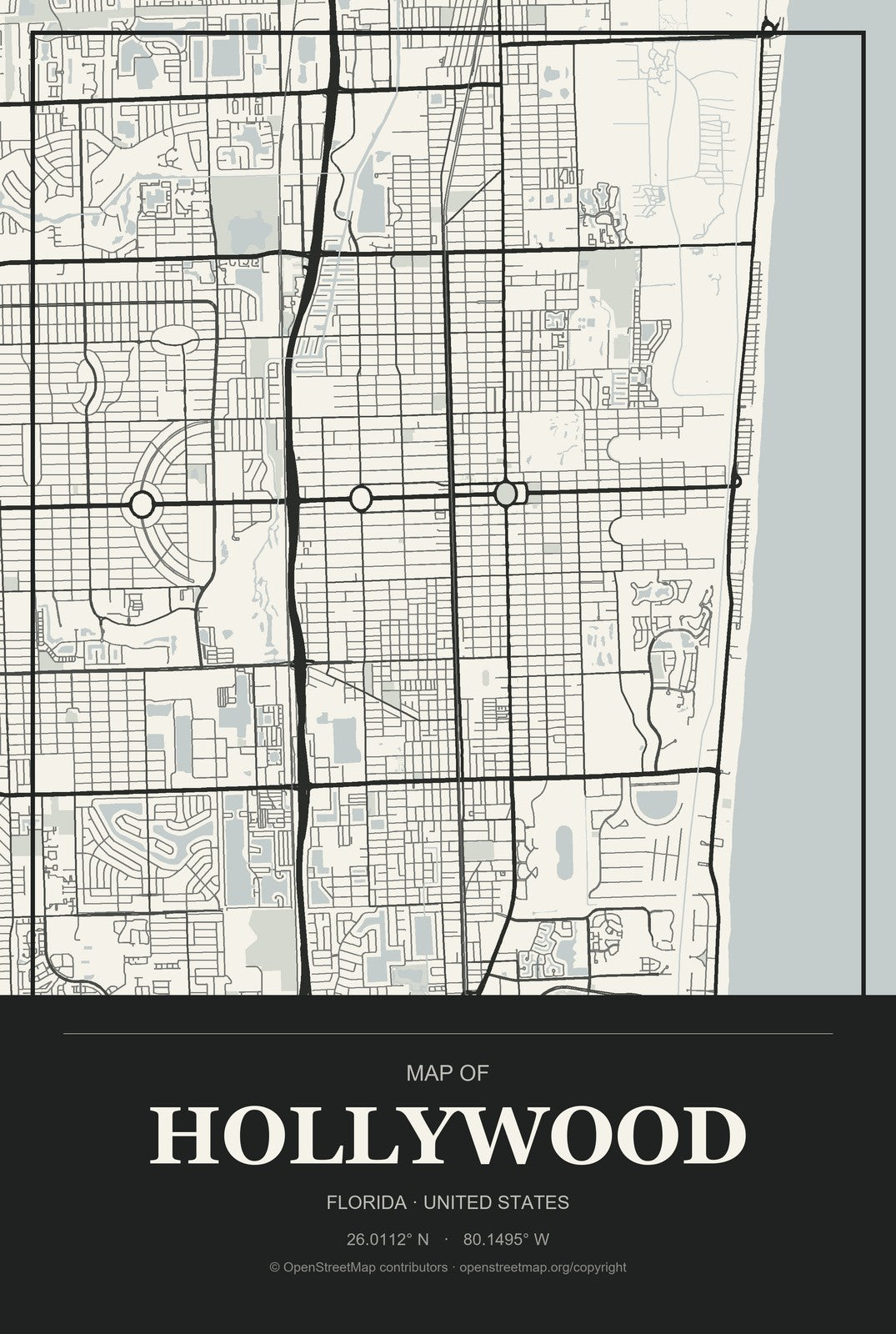 Hollywood, Florida City Map Aluminum Sign in Museum Plaque style