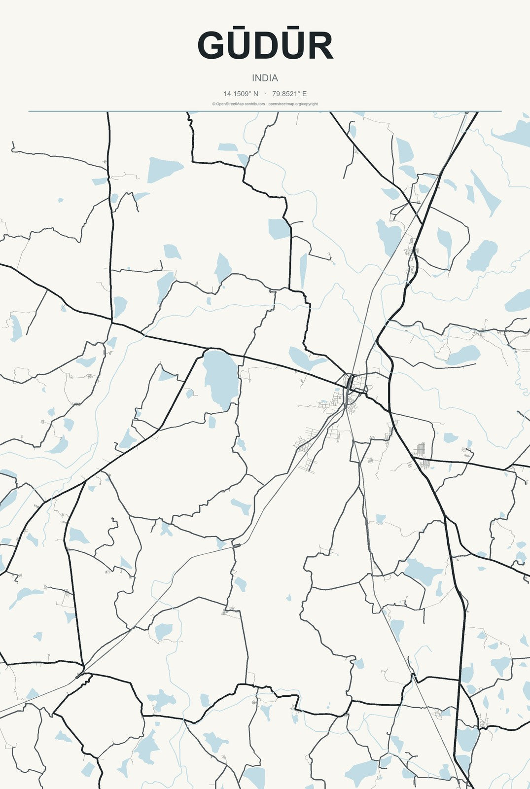 Gūdūr, Andhra Pradesh, India City Map Aluminum Sign in Headline Atlas style