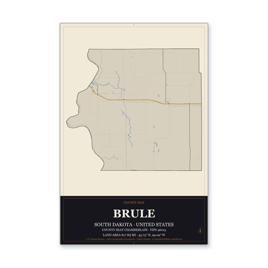 Brule County, South Dakota Map Aluminum Sign in Museum Plaque style