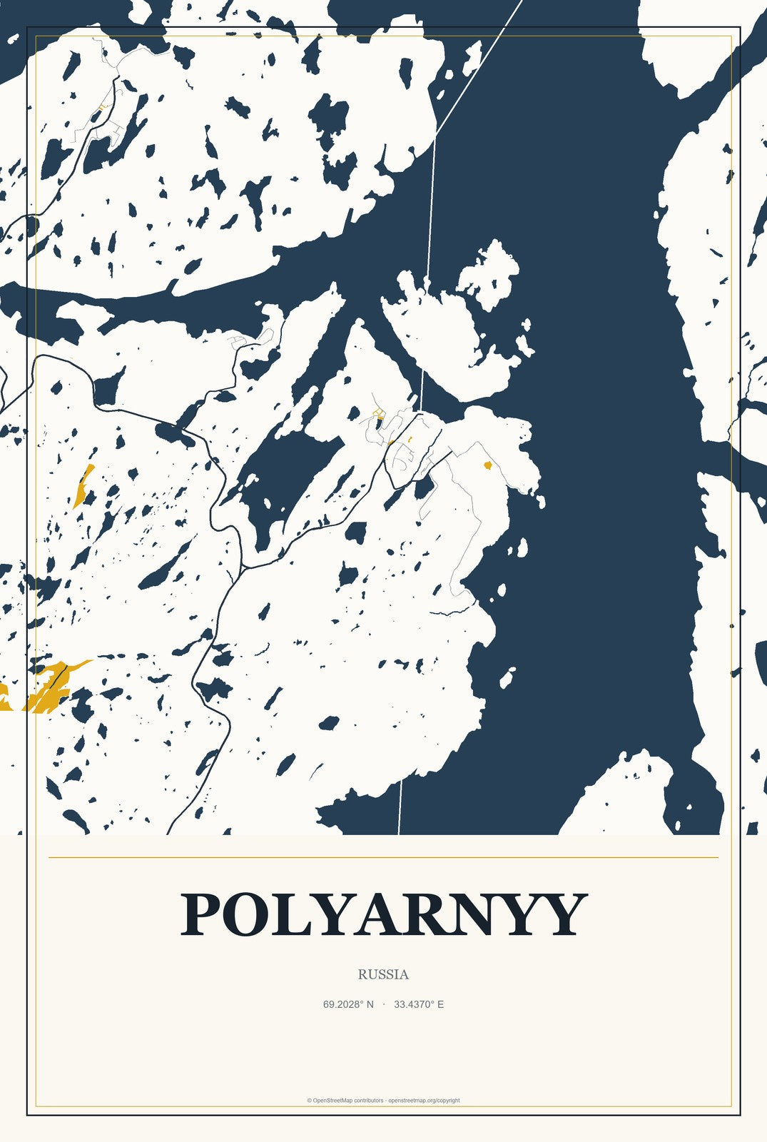 Polyarnyy, Russia City Map Aluminum Sign in Citrine Modern style