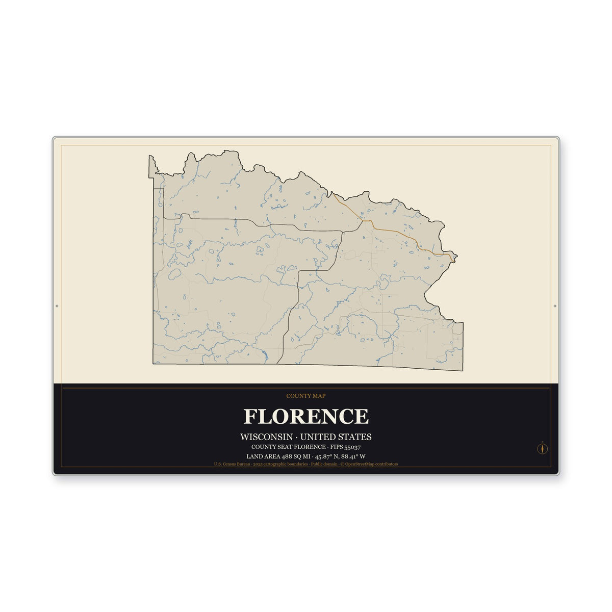 Florence County, Wisconsin Map Aluminum Sign in Museum Plaque style