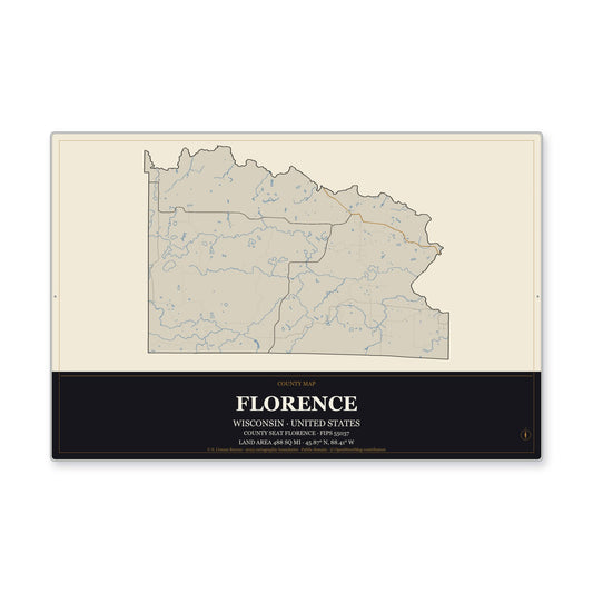 Florence County, Wisconsin Map Aluminum Sign in Museum Plaque style