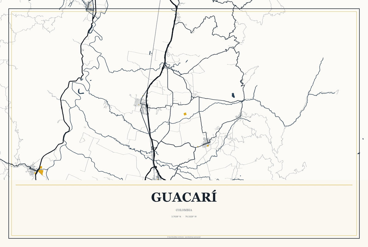 Guacarí, Colombia City Map Aluminum Sign in Citrine Modern style