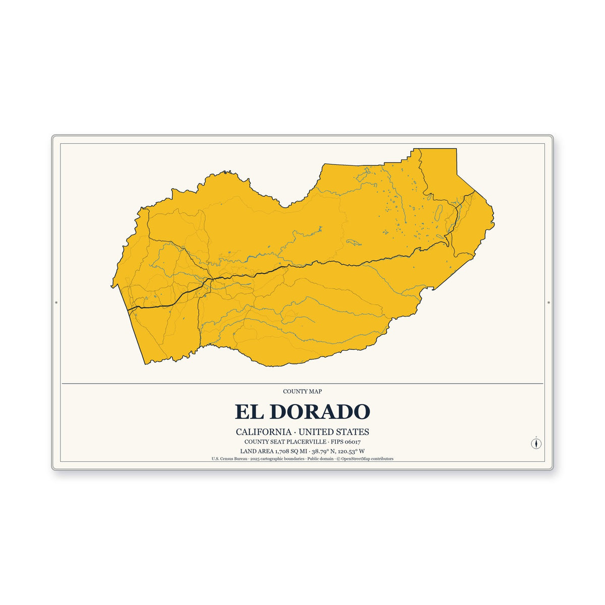 El Dorado County, California Map Aluminum Sign in Citrine Modern style