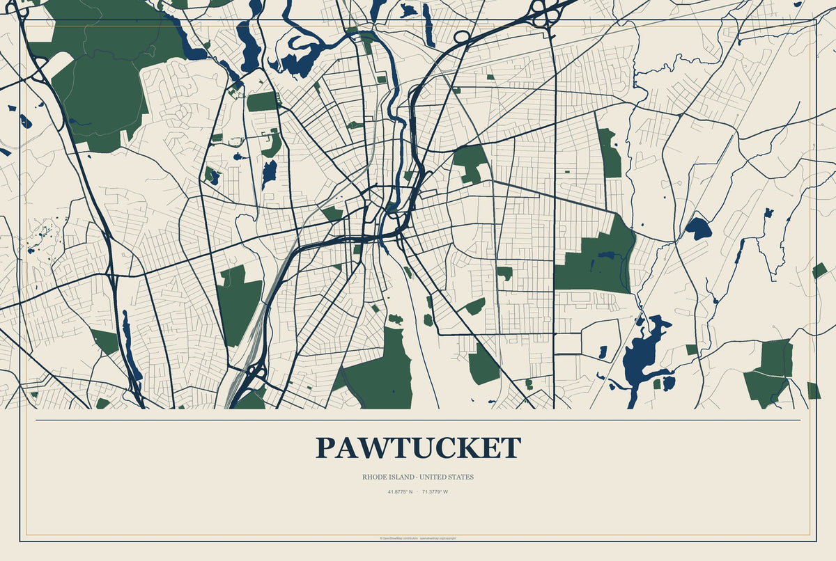 Pawtucket, Rhode Island City Map Aluminum Sign in Coastal Cutout style
