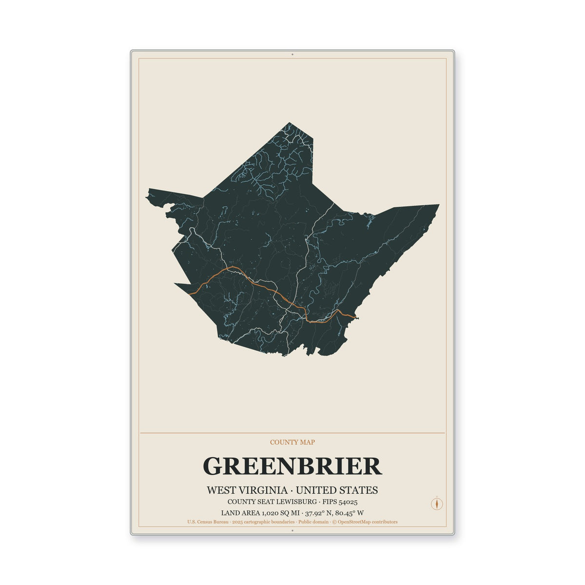 Greenbrier County, West Virginia Map Aluminum Sign in Headline Atlas style