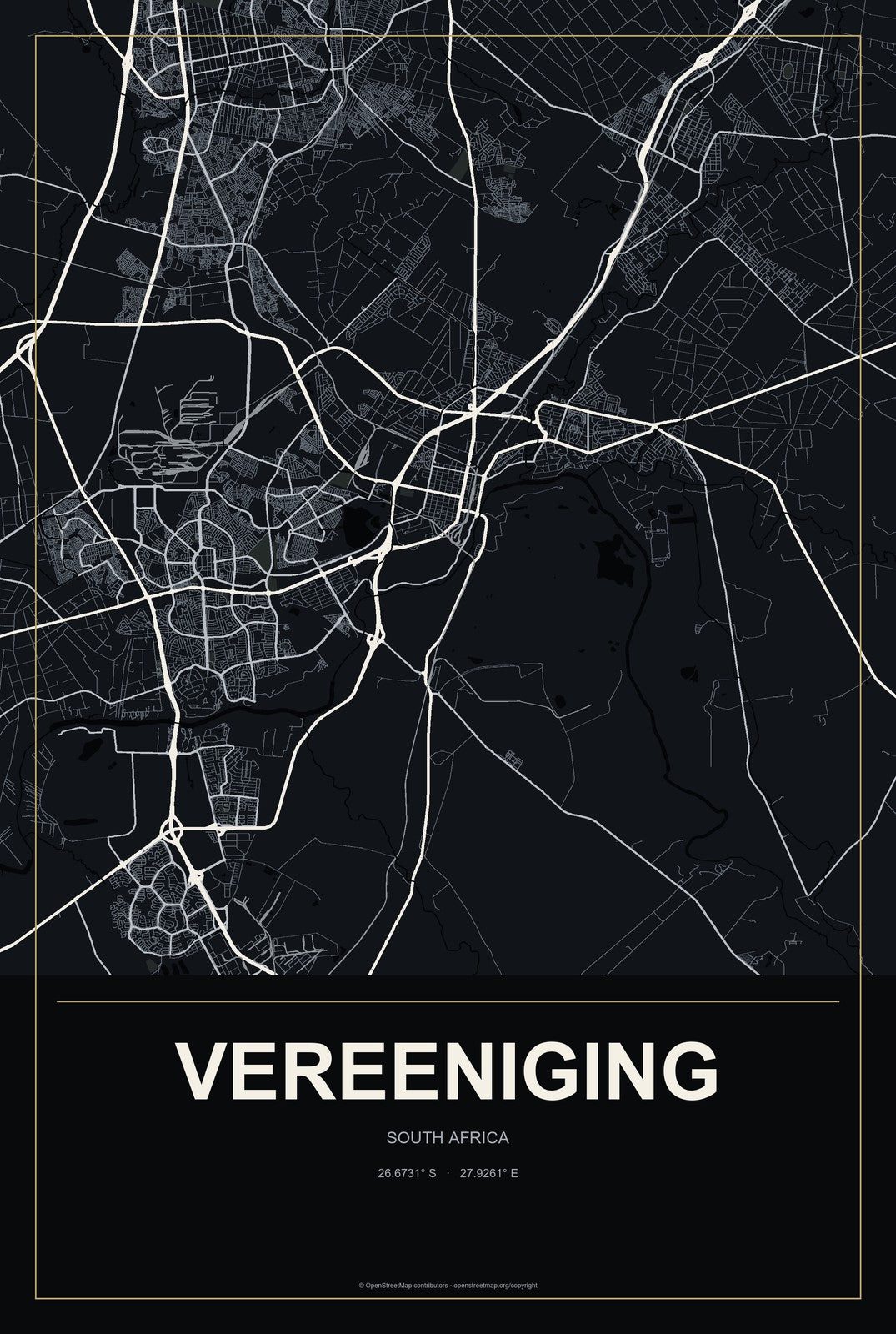 Vereeniging, South Africa City Map Aluminum Sign in Metropolitan Noir style
