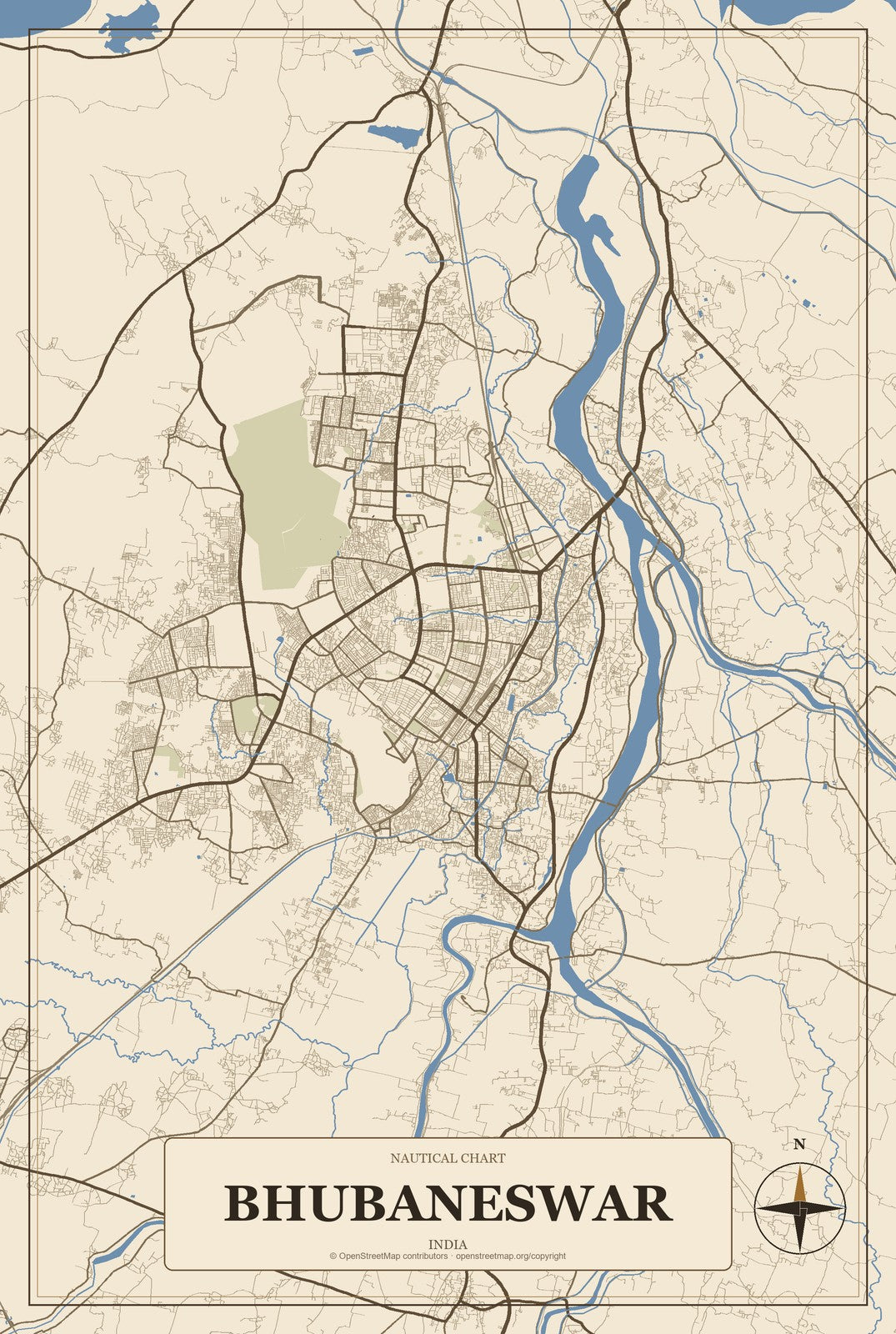 Bhubaneswar, India City Map Aluminum Sign in Heritage Nautical style