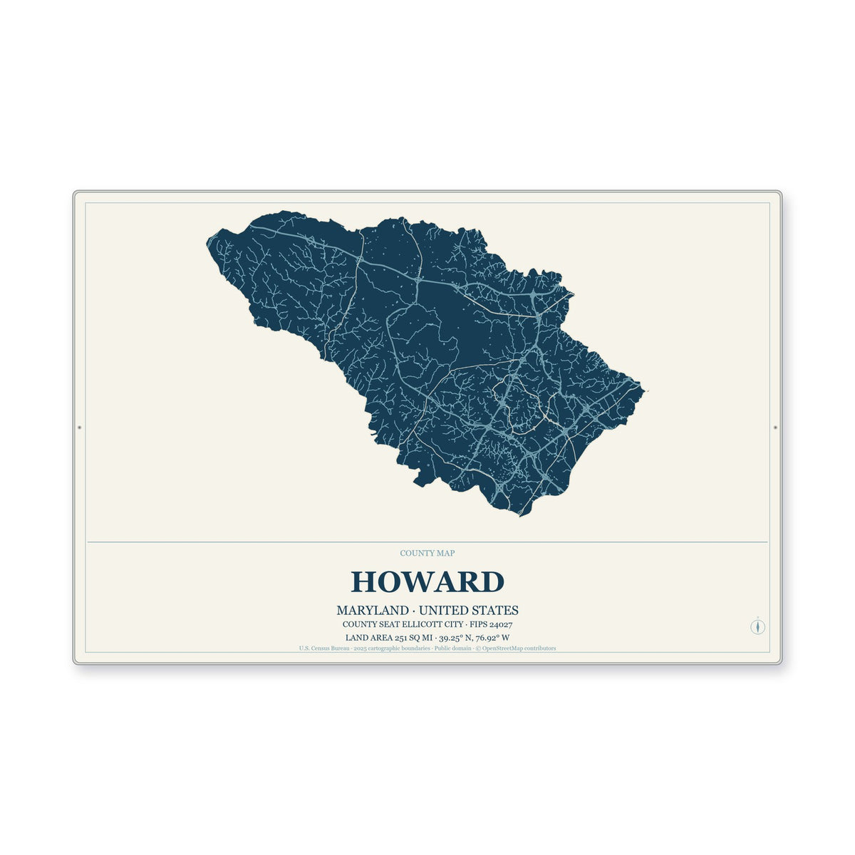 Howard County, Maryland Map Aluminum Sign in Coastal Cutout style