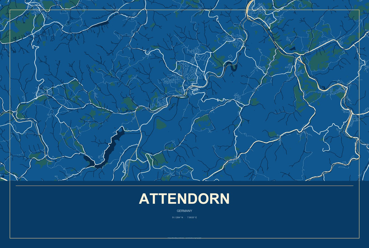 Attendorn, Germany City Map Aluminum Sign in Harbor Cobalt style