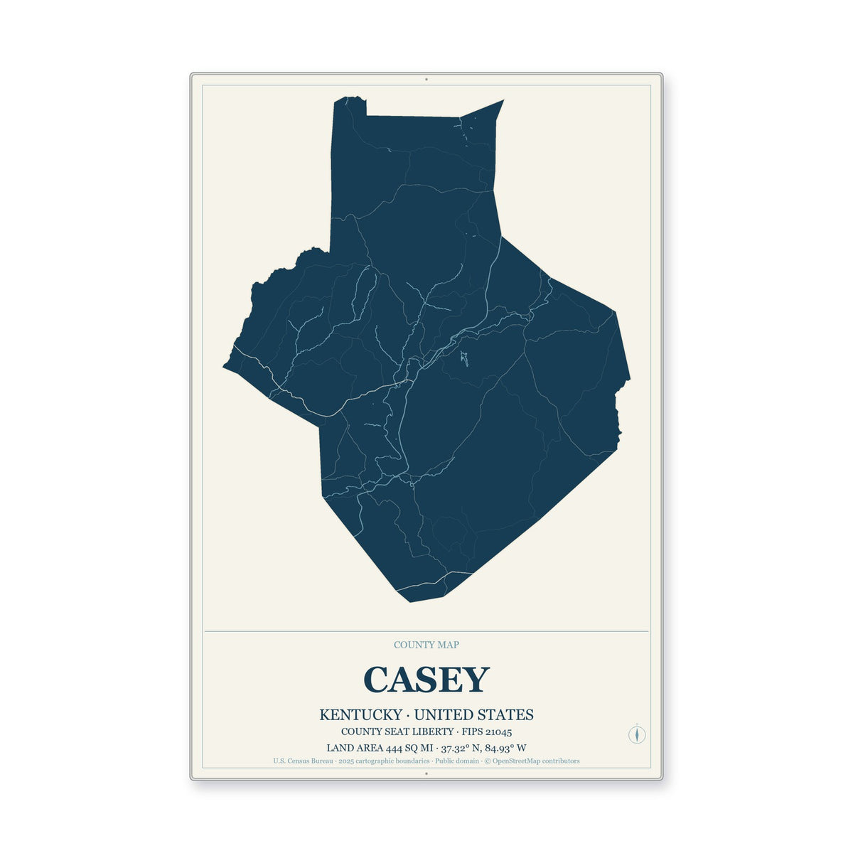 Casey County, Kentucky Map Aluminum Sign in Coastal Cutout style