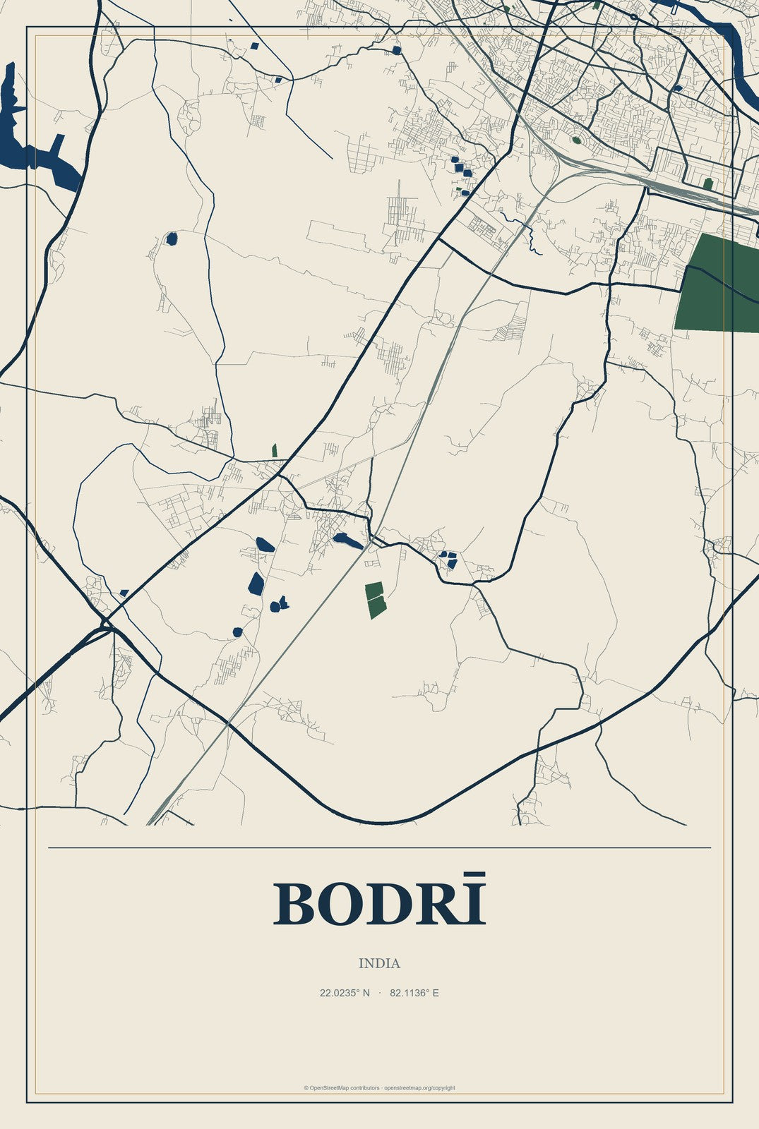 Bodrī, India City Map Aluminum Sign in Coastal Cutout style
