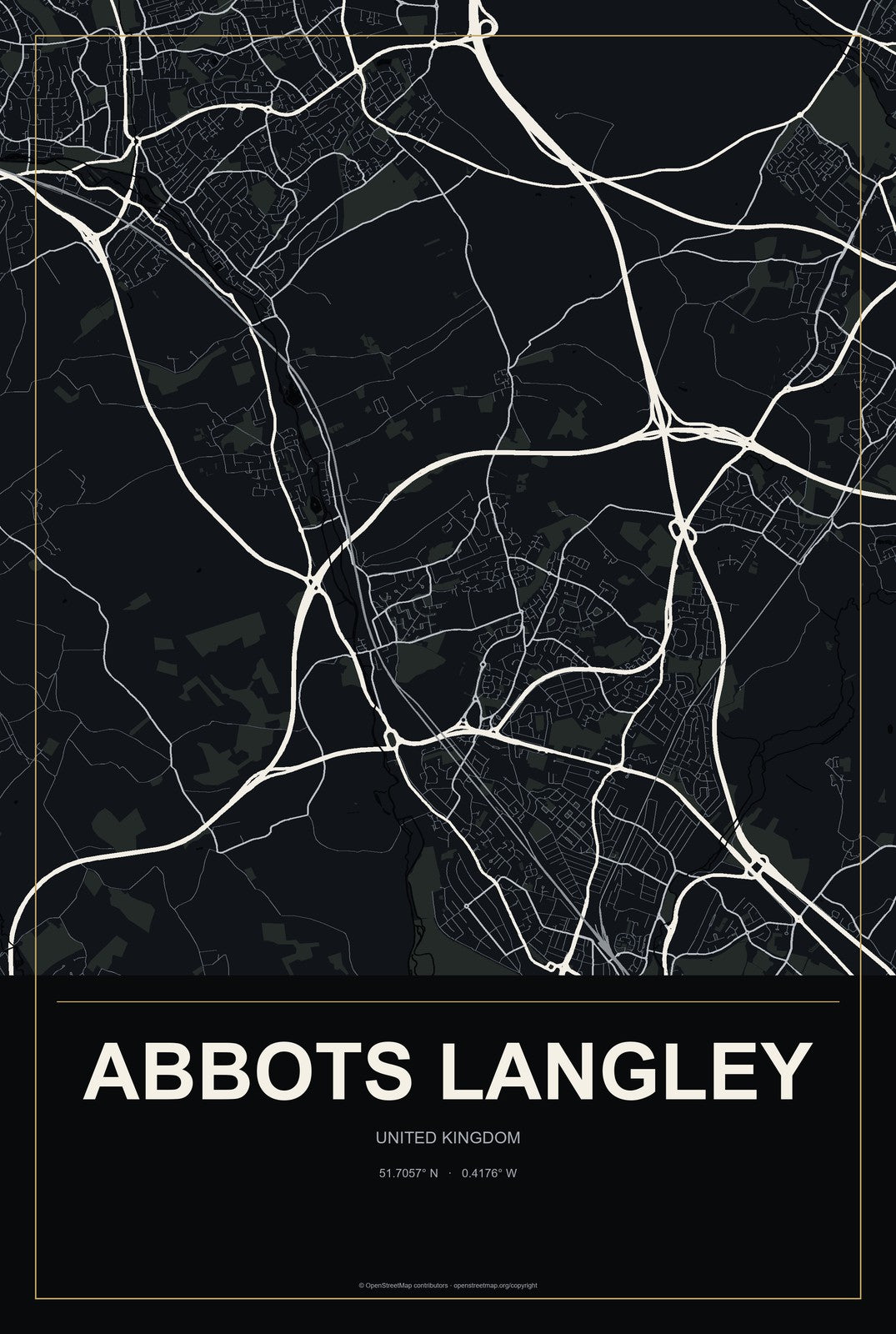 Abbots Langley, United Kingdom City Map Aluminum Sign in Metropolitan Noir style