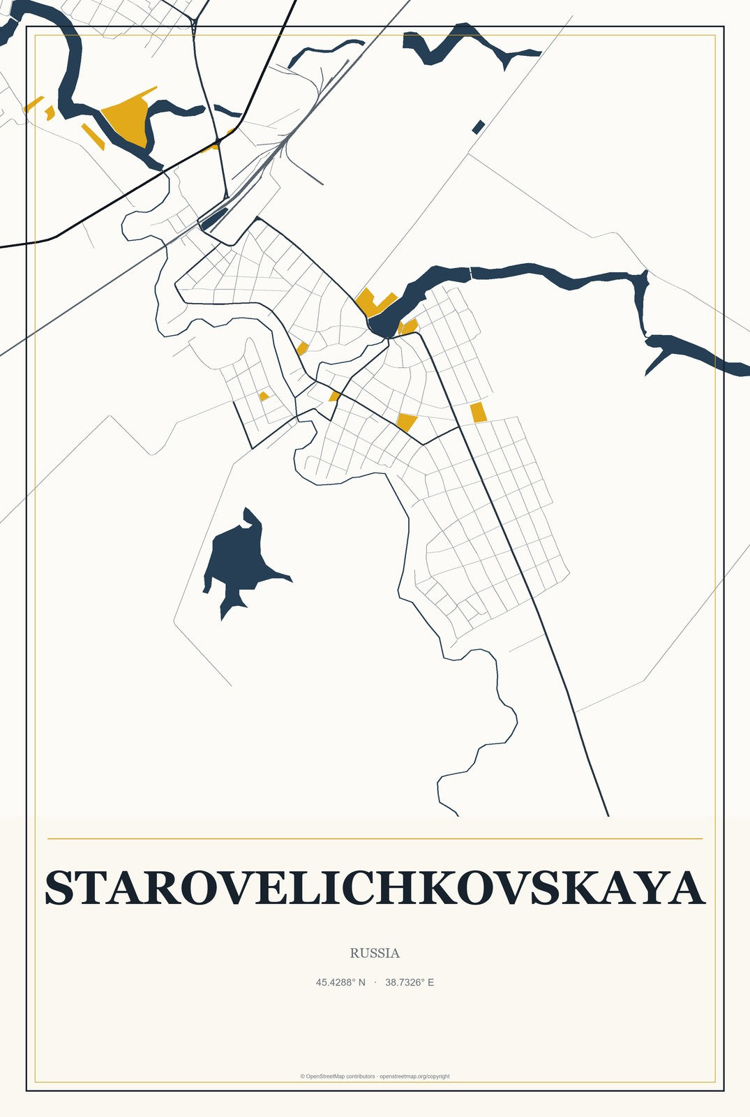 Starovelichkovskaya, Russia City Map Aluminum Sign in Citrine Modern style