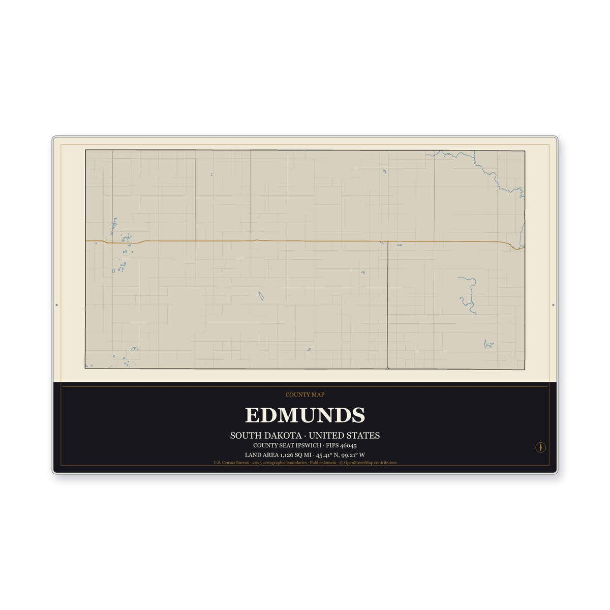 Edmunds County, South Dakota Map Aluminum Sign in Museum Plaque style