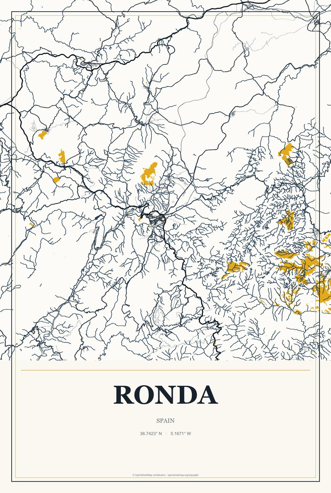 Ronda, Spain City Map Aluminum Sign in Citrine Modern style