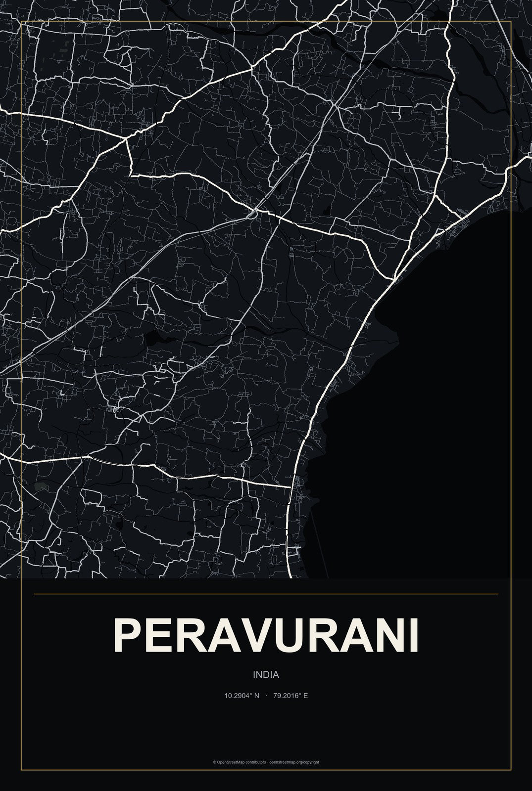 Peravurani, India City Map Aluminum Sign in Metropolitan Noir style