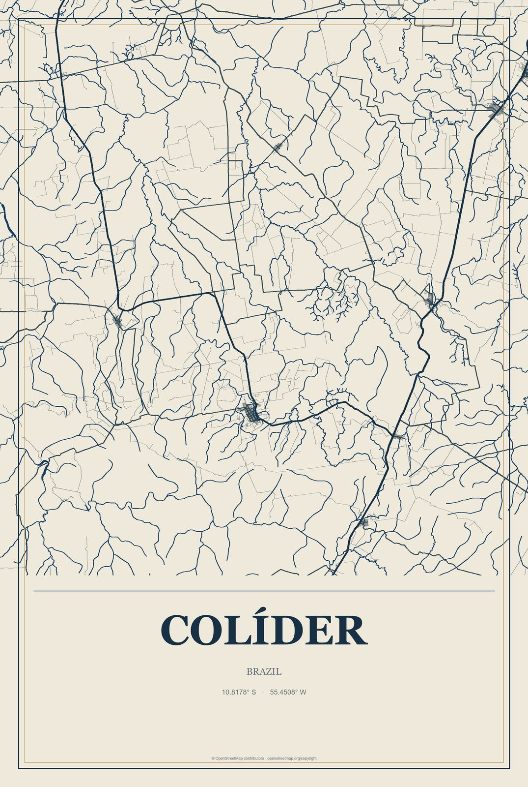 Colíder, Brazil City Map Aluminum Sign in Coastal Cutout style