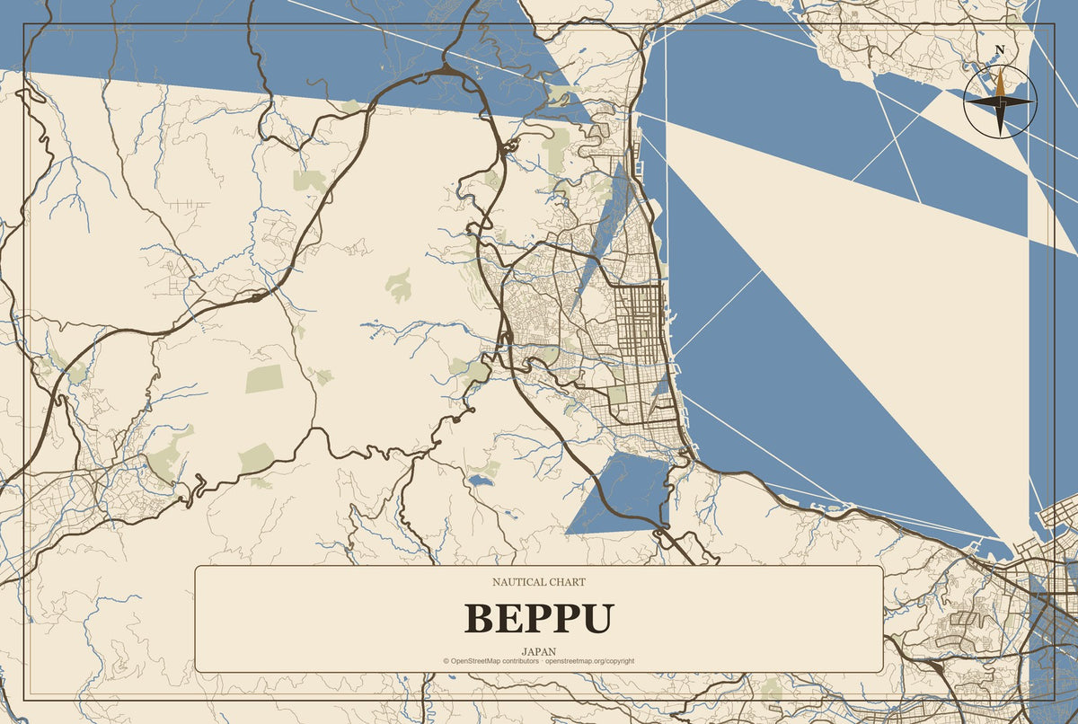 Beppu, Japan City Map Aluminum Sign in Heritage Nautical style