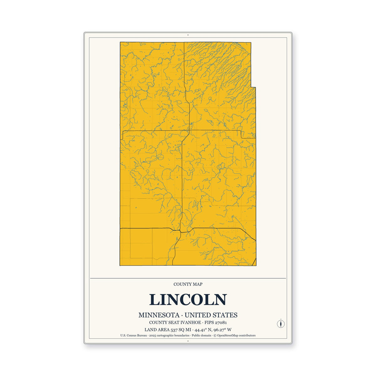 Lincoln County, Minnesota Map Aluminum Sign in Citrine Modern style