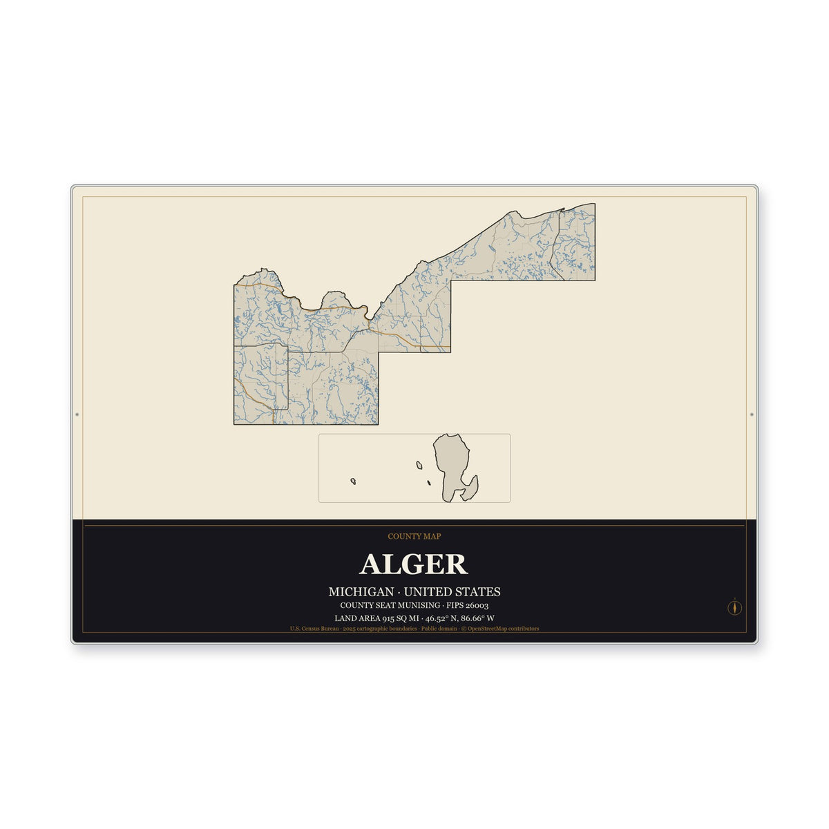 Alger County, Michigan Map Aluminum Sign in Museum Plaque style