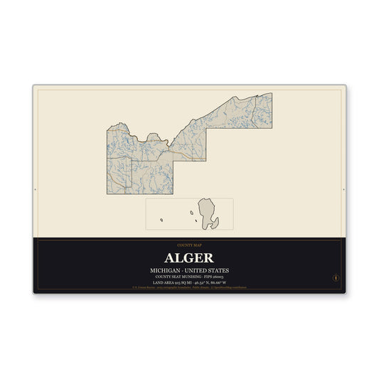 Alger County, Michigan Map Aluminum Sign in Museum Plaque style