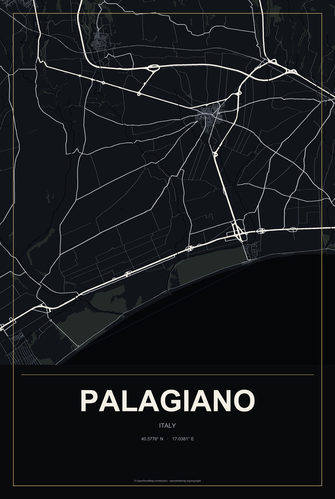 Palagiano, Italy City Map Aluminum Sign in Metropolitan Noir style