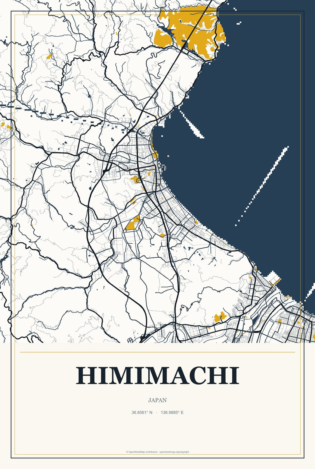 Himimachi, Japan City Map Aluminum Sign in Citrine Modern style