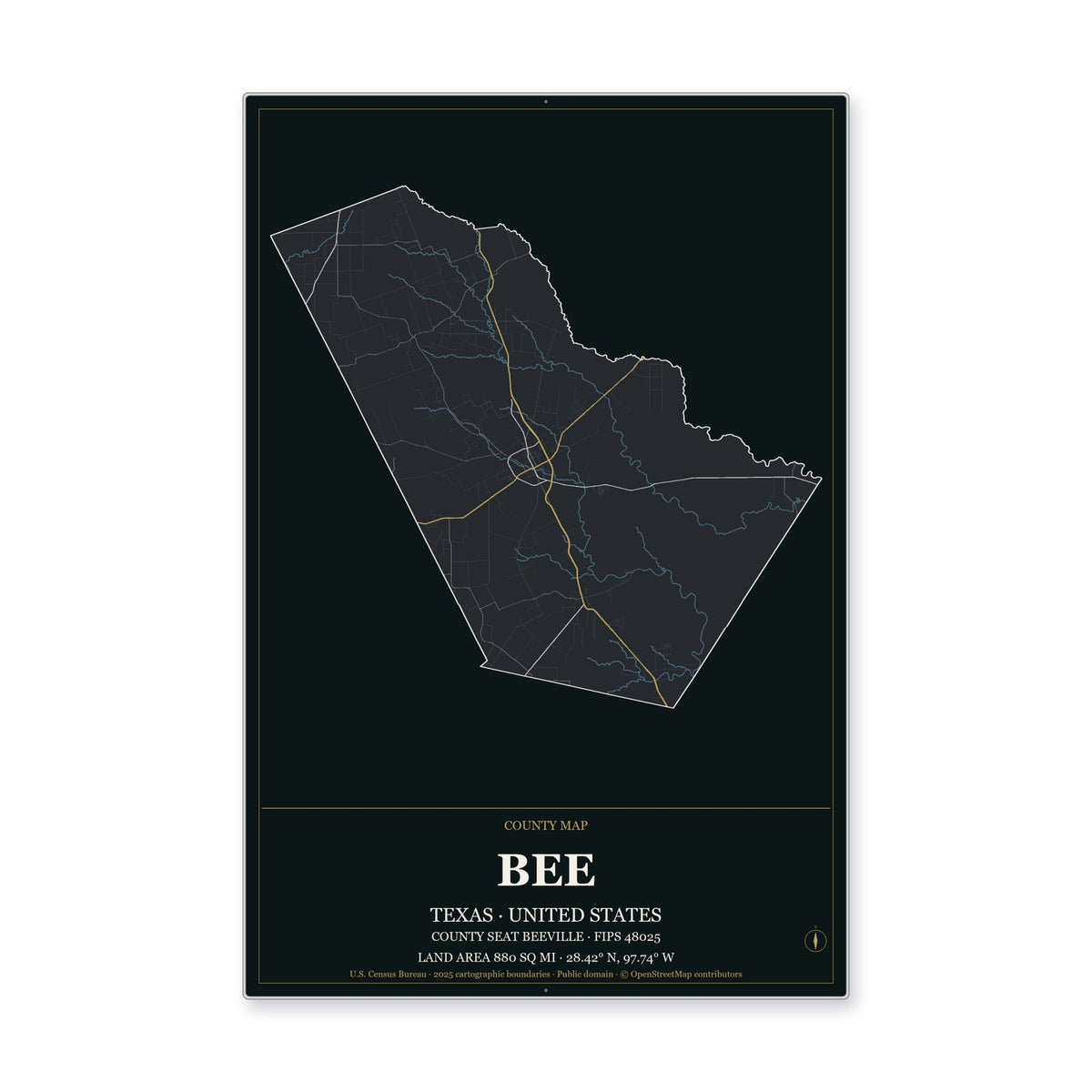 Bee County, Texas Map Aluminum Sign in Metropolitan Noir style