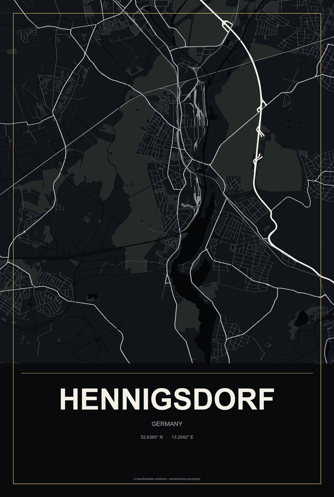 Hennigsdorf, Germany City Map Aluminum Sign in Metropolitan Noir style
