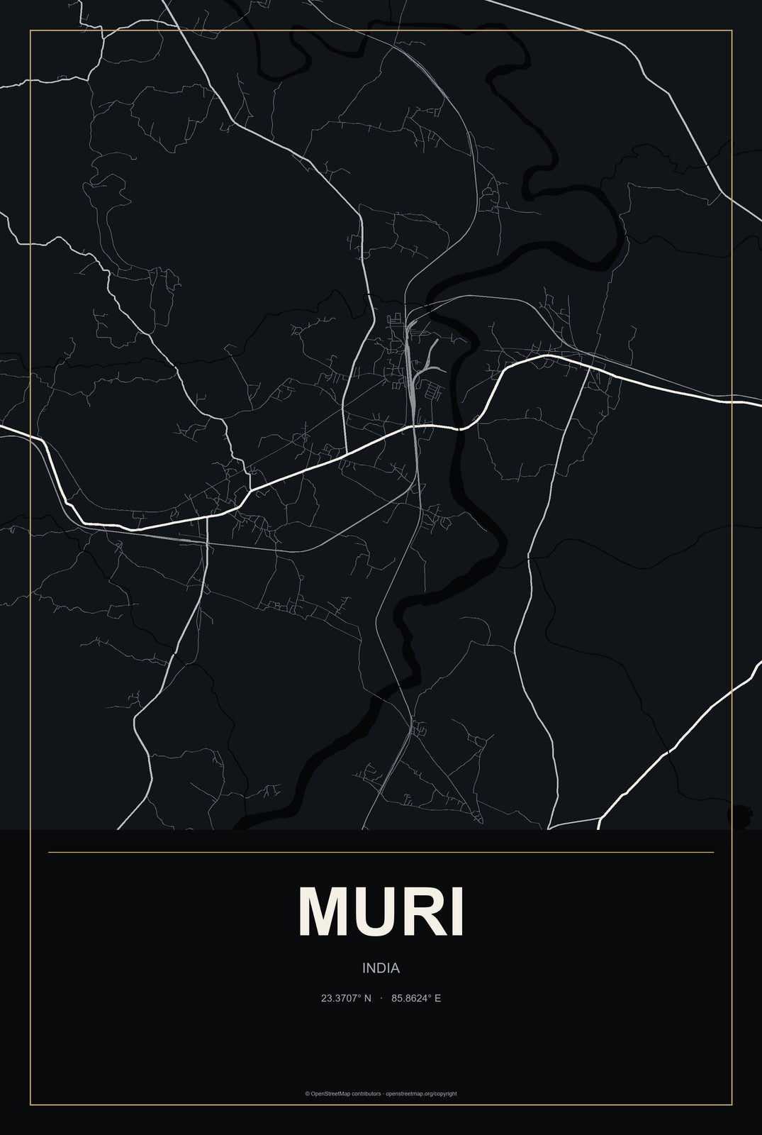 Muri, India City Map Aluminum Sign in Metropolitan Noir style