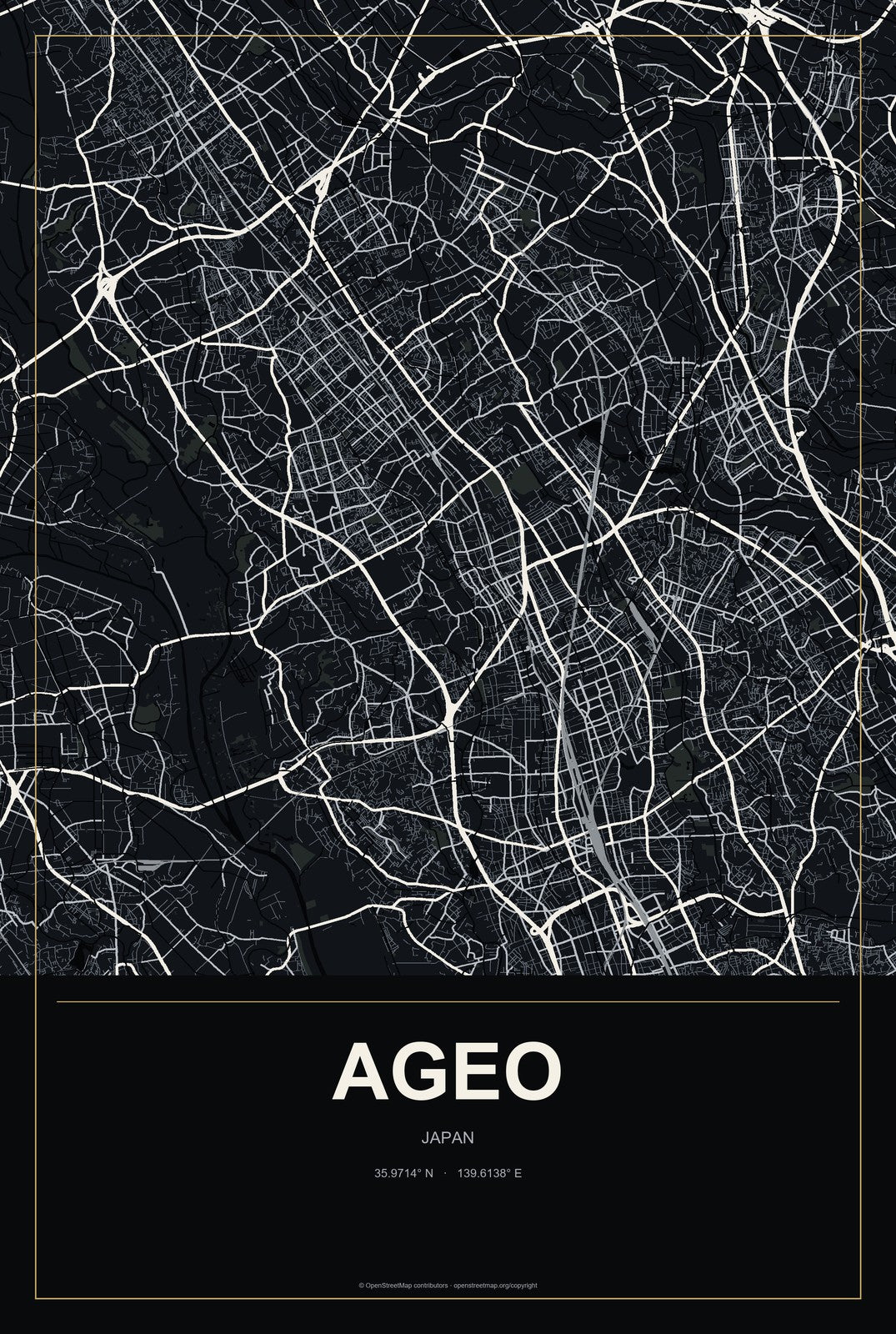 Ageo, Japan City Map Aluminum Sign in Metropolitan Noir style