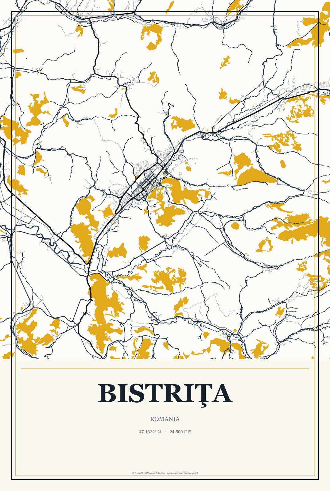 Bistriţa, Romania City Map Aluminum Sign in Citrine Modern style