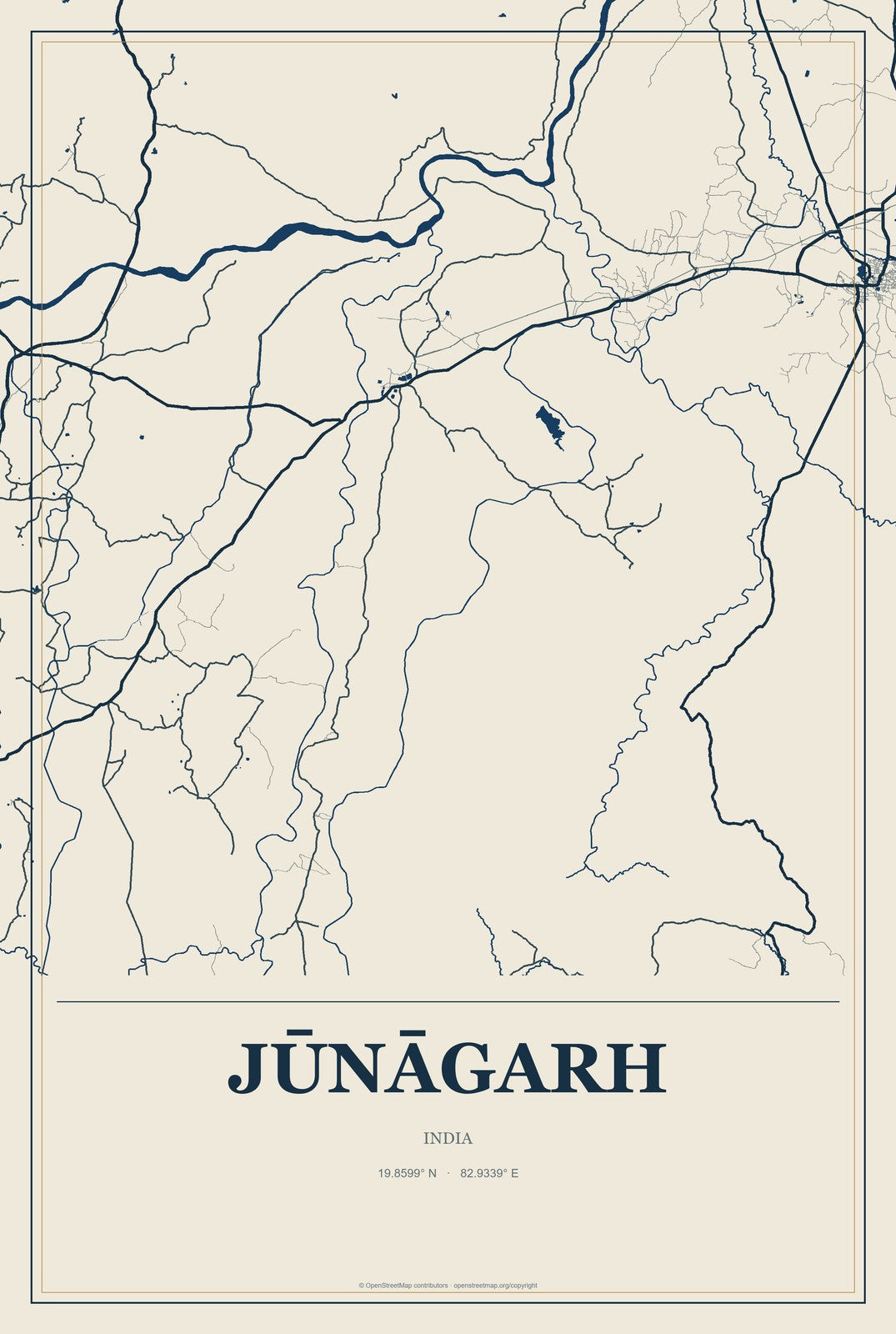 Jūnāgarh, India City Map Aluminum Sign in Coastal Cutout style