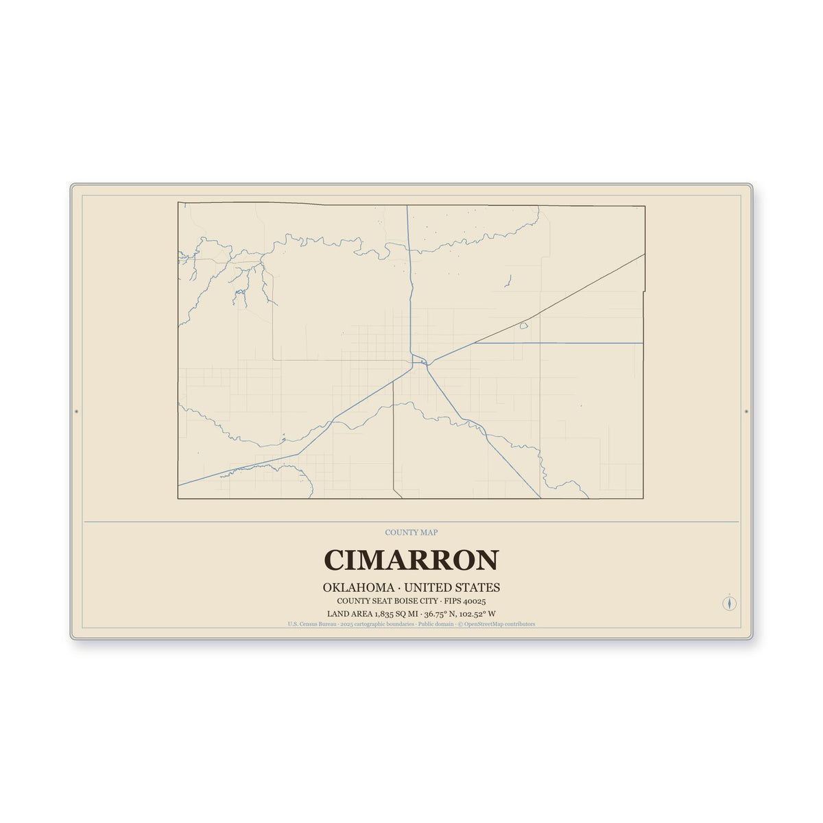 Cimarron County, Oklahoma Map Aluminum Sign in Heritage Nautical style