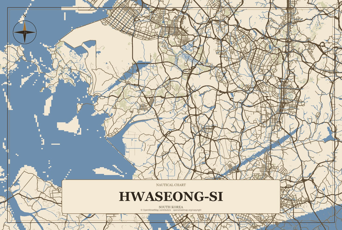 Hwaseong-si, South Korea City Map Aluminum Sign in Heritage Nautical style