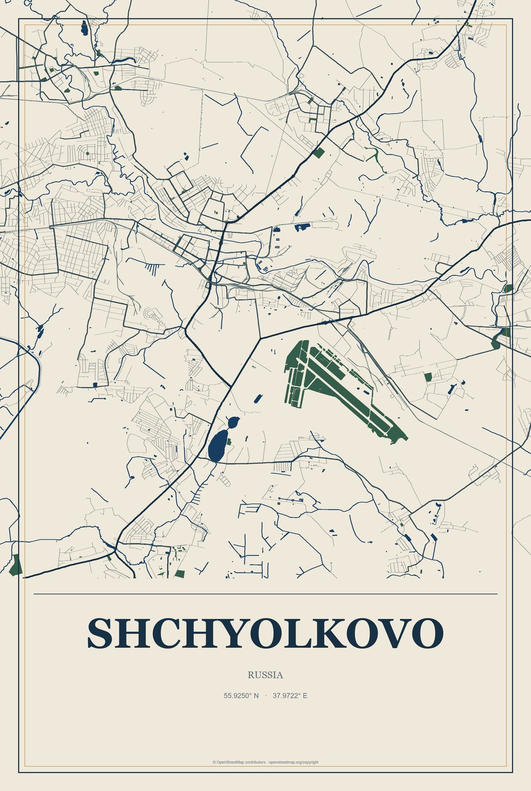 Shchyolkovo, Russia City Map Aluminum Sign in Coastal Cutout style