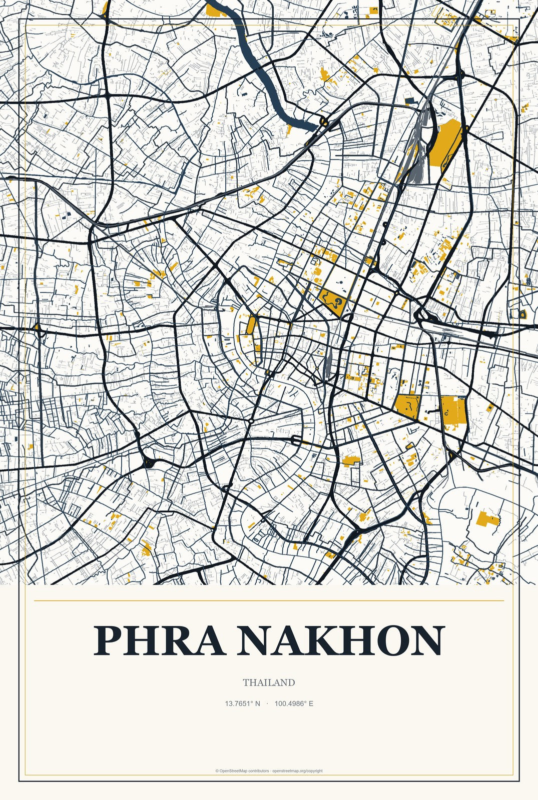 Phra Nakhon, Thailand City Map Aluminum Sign in Citrine Modern style