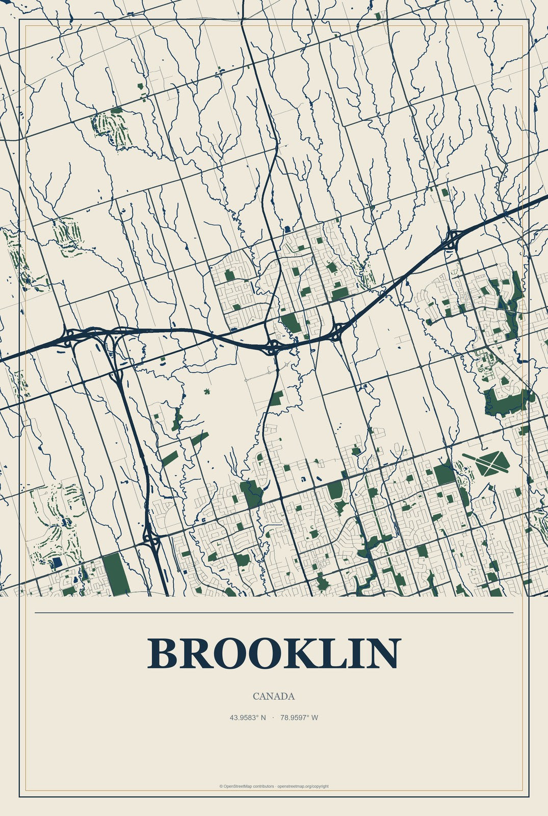 Brooklin, Canada City Map Aluminum Sign in Coastal Cutout style