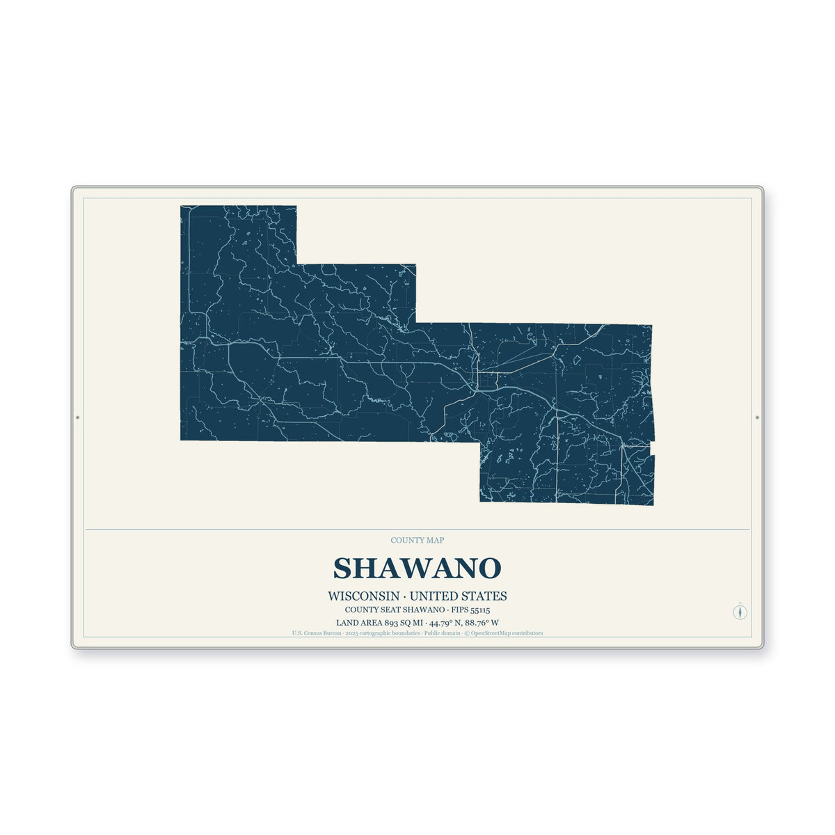 Shawano County, Wisconsin Map Aluminum Sign in Coastal Cutout style