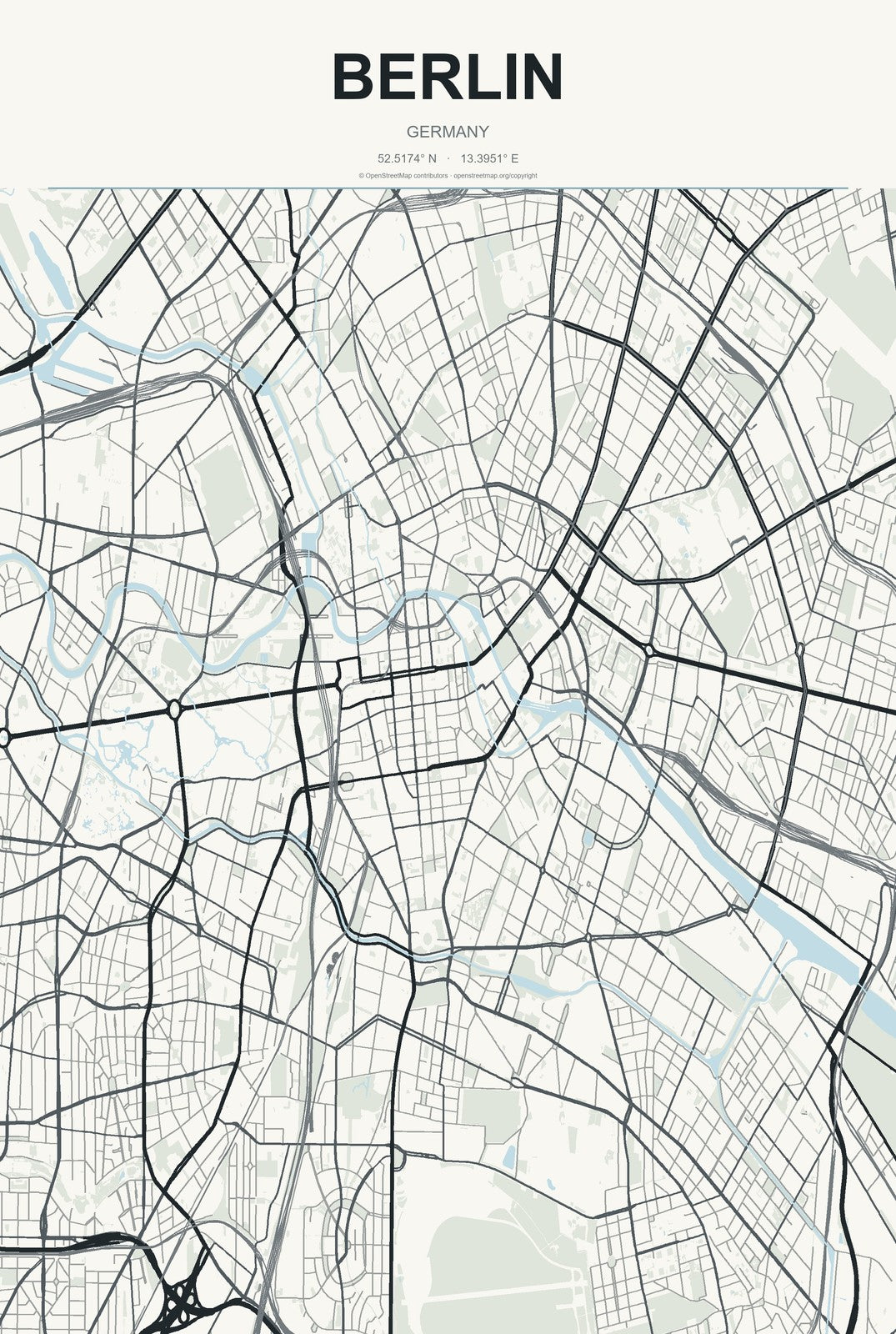 Berlin, Germany City Map Aluminum Sign in Headline Atlas style
