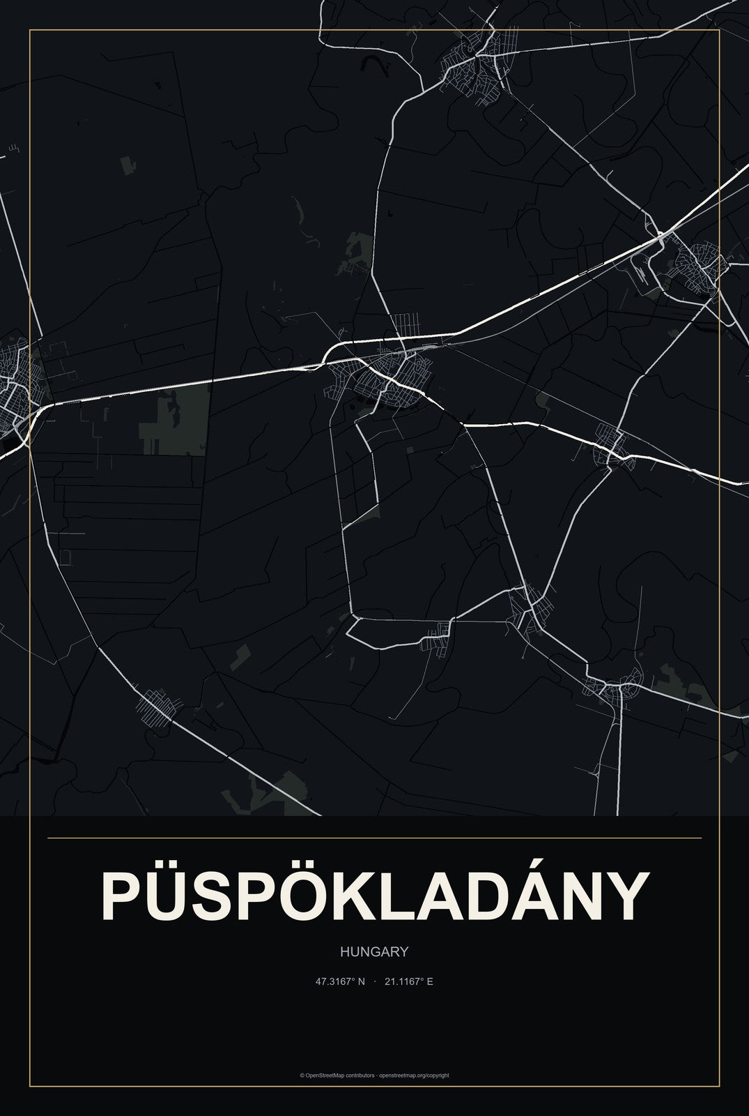 Püspökladány, Hungary City Map Aluminum Sign in Metropolitan Noir style