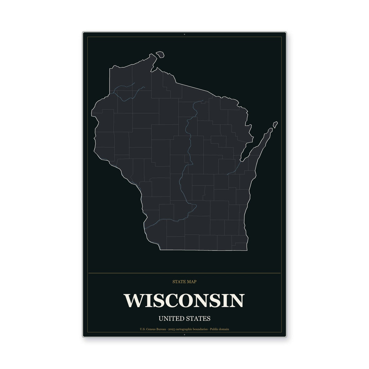 Wisconsin state map aluminum sign in Metropolitan Noir style