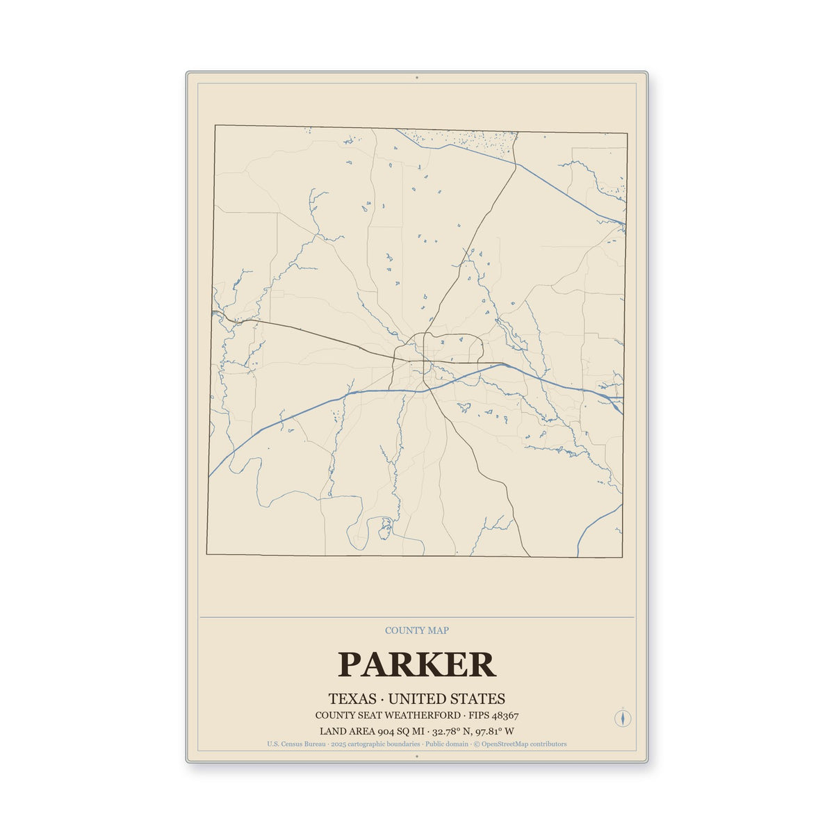 Parker County, Texas Map Aluminum Sign in Heritage Nautical style