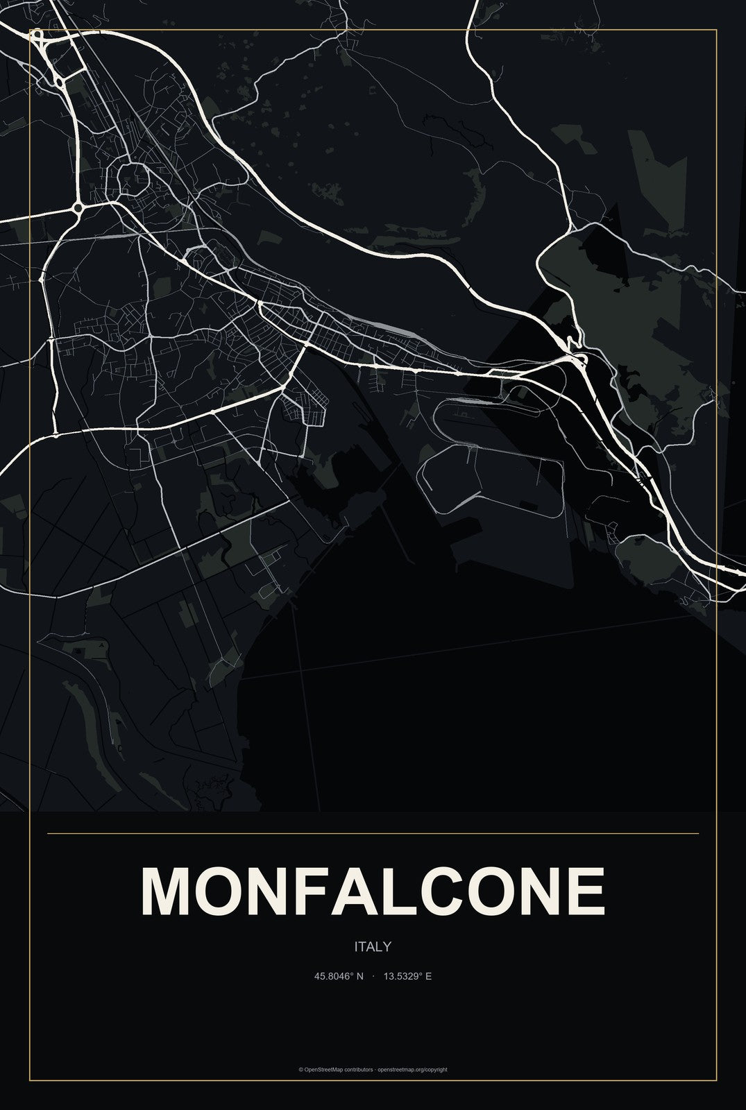 Monfalcone, Italy City Map Aluminum Sign in Metropolitan Noir style